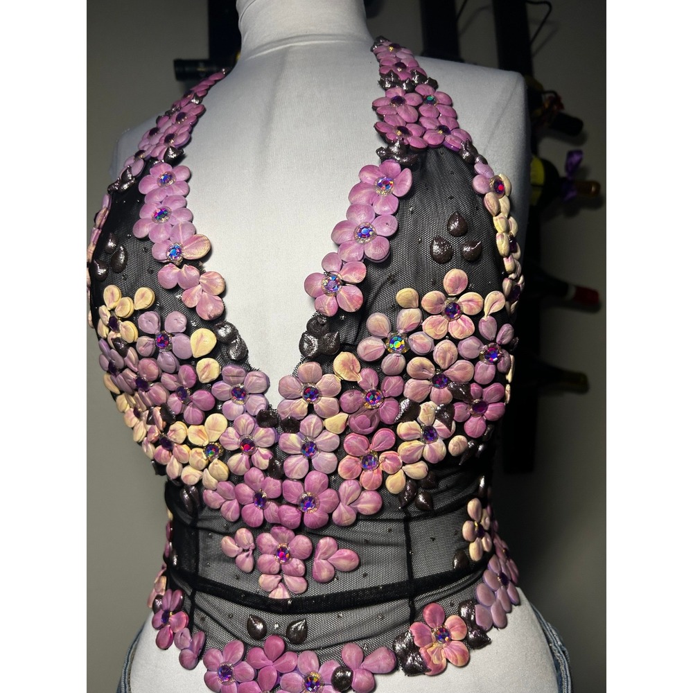 RARE Ema Savahl Hand Painted 3D Floral Halter Tie Back Top Black Mesh Appliqué - Picture 2 of 12